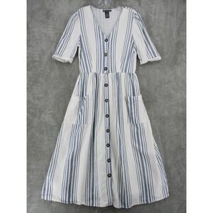 Chelsea Theodore Dress Womens Small Striped Linen Blend Button Front Midi Boho